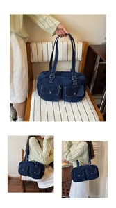 Large capacity blue denim bowling bag shown in handheld and shoulder-carry lifestyle views