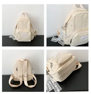 Detailed multi-angle views of a minimalist cream-colored nylon student backpack