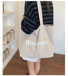 Large capacity nylon tote bag with white 'Blesings' print for women's daily commuting