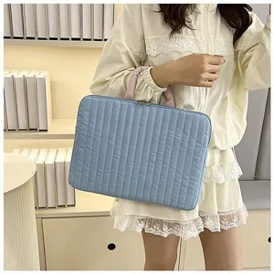 Custodia per laptop trapuntata antiurto, borsa imbottita blu con manici rosa