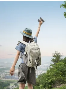 Rückenansicht eines großen beigen Wanderrucksacks auf einem Hügel in freier Natur