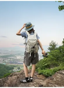 Rückansicht eines Reisenden mit großem beigen Wanderrucksack mit Blick auf ein weites Tal