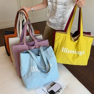 Large capacity Korean style canvas tote bag with Blessings print and checkered lining