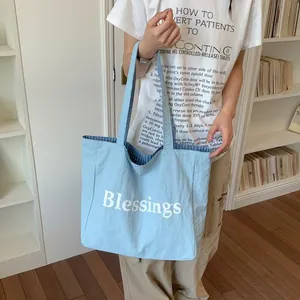 Large capacity nylon tote bag with Blessings print and double-sided plaid design for women