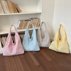 Korean Style Large Capacity Nylon Tote Bag For Women Fresh Floral Embroidery Shoulder Bag Daily Commute Girly Style Handbag