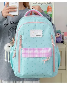 Stylish mint green girl's backpack featuring star pattern and pink contrast details