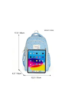 Detailed size view of blue starry backpack with tablet for size comparison.