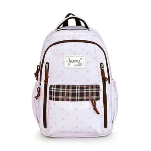 Fashionable pink student backpack with star patterns and plaid details for school girls
