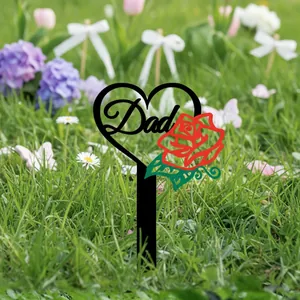 Paletto da Giardino Commemorativo Papà in Acrilico Cuore Nero Rosa Rossa Segnaposto per Cimitero Decorazione per la Festa del Papà