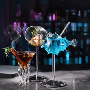 Copa de Cóctel de Vidrio de Borosilicato Hecha a Mano Diseño Único de Pulpo y Pez Globo Cristalería Decorativa Creativa