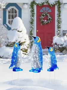 Dekorative blaue Pinguin-Gartenstecker 3er-Set für den winterlichen Außenbereich Hof