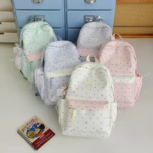 Japanese Style Cute Lace Bowknot Backpack Large Capacity Polka Dot Print School Bag For Student Girls Daily Outing Travel Nylon Backpack