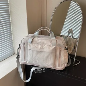 Large capacity pink striped travel bag with multi-functional pockets for gym and travel