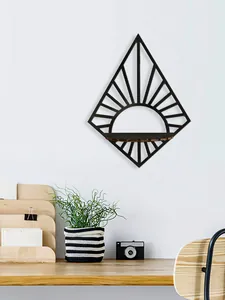 Decorative black geometric diamond wall shelf for crystal display and sunburst design