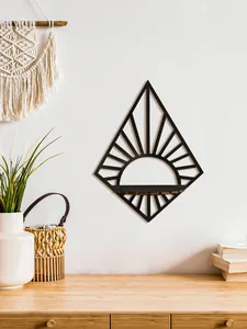 Black sunburst diamond-shaped wooden wall shelf displayed in a boho-style room