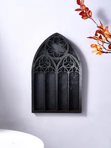 Ornate gothic style black wooden arched window frame wall shelf for home wall decor