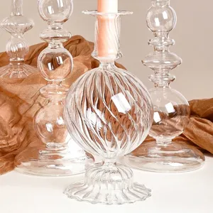 Elegant transparent ribbed glass candle holder set for sophisticated home table decor