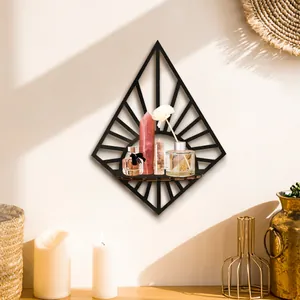 Modern Rhombus Wood Wall Shelf Stripe Sunray Pattern Crystal Display Stand Bohemian Home Decor Wall Floating Shelf For Aromatherapy