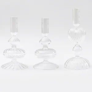 Elegant transparent ribbed glass candle holders for modern home centerpiece decor