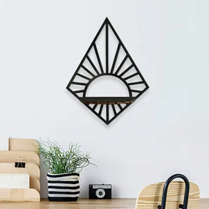 Modern black diamond-shaped wooden wall shelf with sunburst design for home decor