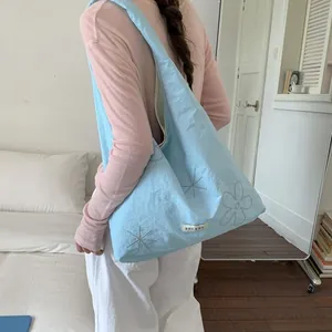 Large capacity Korean style light blue nylon tote bag with rhinestone flower decoration