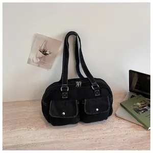 Stylish large capacity black denim Boston bag with double front pockets for women
