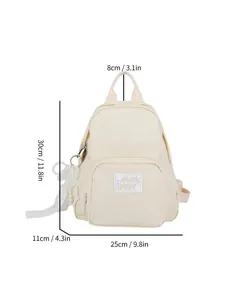 Detail view of cream minimalist backpack with precise dimension annotations in cm and inches