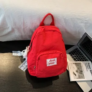 Minimalist Nylon Backpack For High School College Students Casual Travel Daypack With Lace Pearl Pendant Solid Color Spliced Bookbag