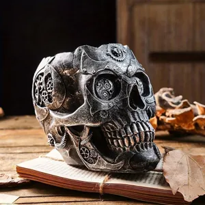 Vue détaillée d'un vase crâne steampunk avec des motifs d'engrenages mécaniques