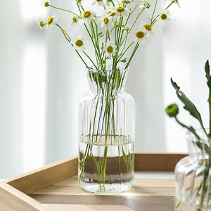 Nahaufnahme einer vintage gestreiften Klarglasvase mit Gänseblümchen in Wohnumgebung