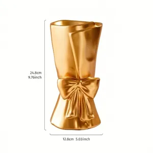 Detailed view of the golden bow bouquet shaped resin vase with size dimensions