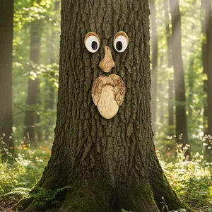 Vista de detalle de un set de decoraciones creativas de cara de árbol en madera