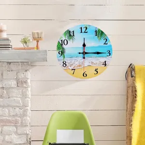 Modern Wooden Beach Island Sunset Silent Wall Clock Decorative Round Hanging Clock For Home Living Room Office Decor