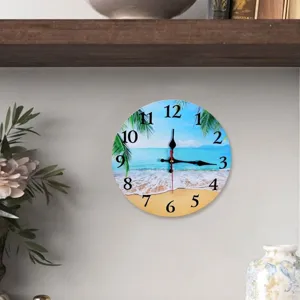 Modern tropical beach scene wall clock with silent wooden movement for home decor