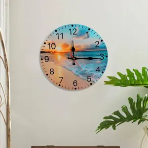 Round wooden wall clock with a tropical beach sunset scene for modern home decor