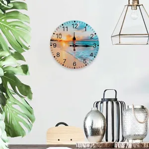 Round silent wooden wall clock with a beautiful tropical island beach sunset design