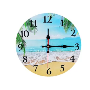 Round wooden wall clock featuring a tropical beach island scene for home decor gift