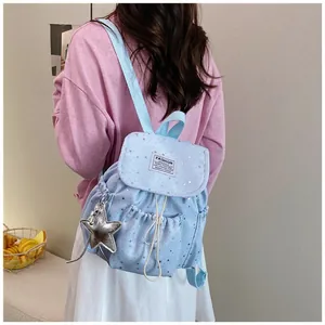 Detail of a small blue backpack with star patterns and a cute hanging star charm.