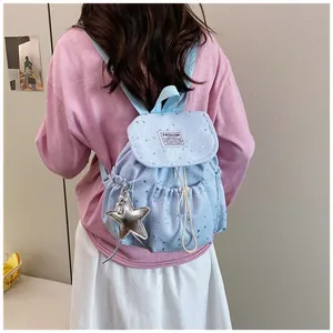 Detailed view of a light blue star-patterned mini backpack worn in a lifestyle setting