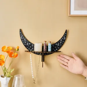 Minimalist wooden crescent moon wall shelf with star pattern for home crystal display