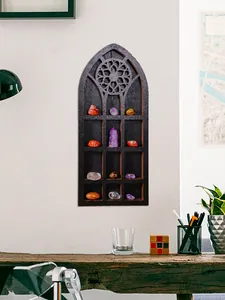 Wall-mounted black gothic arch wooden display shelf showcasing small crystals in a home