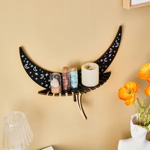 Celestial wooden crescent moon wall shelf with stingray design for creative home decor