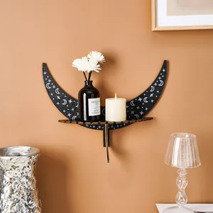 Decorative wooden crescent moon wall shelf with star patterns for home decor display