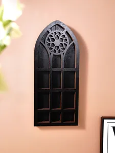 Gothic arch wooden wall shelf with intricate floral carving and grid display compartments