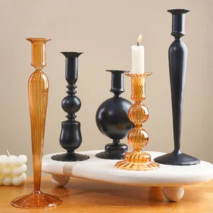 Modern Minimalist Striped Glass Candle Holder Amber Black Long Pole Taper Candlestick For Wedding Engagement Holiday Table Decor Ornament