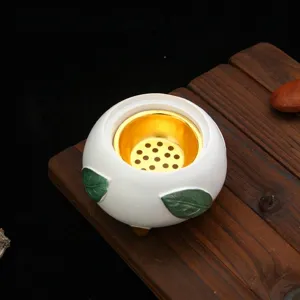 Handgeschnitzter Blatt-Räuchergefäß aus Harz mit goldener Metallschale für Deko