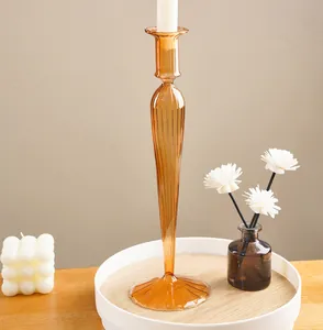 Elegant amber orange striped glass candlestick for wedding and festive table decor