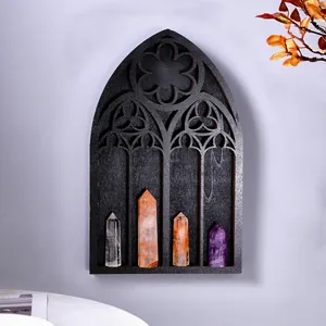 Gothic style arched wooden wall shelf for crystal display and decoration