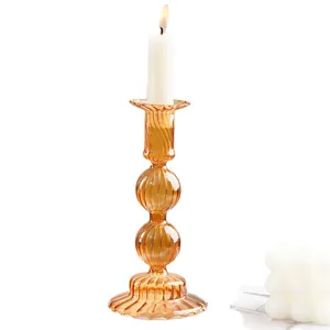 Elegant vintage amber ribbed glass candlestick holder for romantic wedding table decor