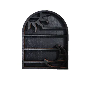 Arched black wooden wall shelf with sun and moon carvings for crystal display